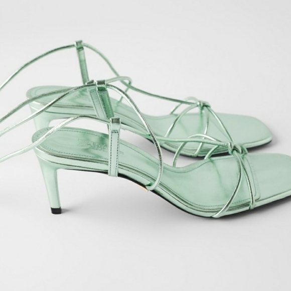 ZARA BLUE COLLECTION GREEN METALLIC LEATHER HEELS - Picture 3 of 12